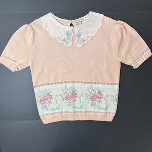 Vintage 90s Floral Knit Sweater Touchy Subject Short Sleeve Cottagecore Womens L